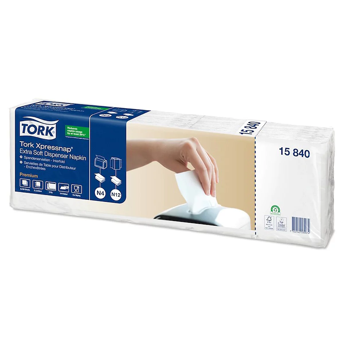Tork® Xpressnap Serviettes 15840, extra-soft, pour distributeur de serviettes, pliage peu encombrant, 2 plis, 8 paquets de 500 (4000 serviettes), blanc