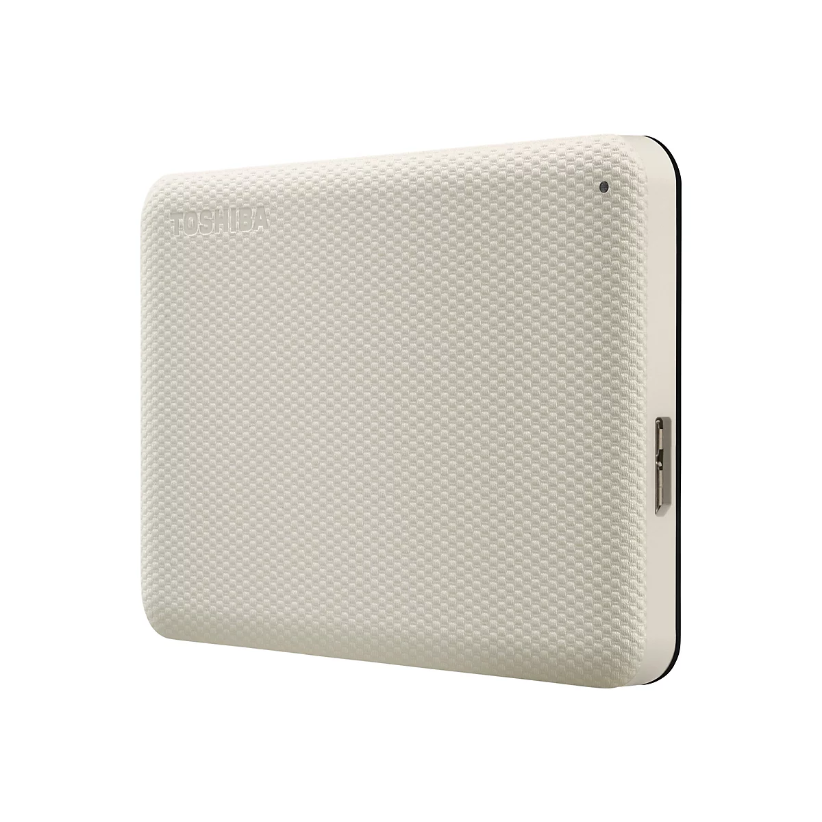 Disque dur externe beige clair avec une texture en nid d'abeille. Logo Toshiba. Sur fond blanc.
