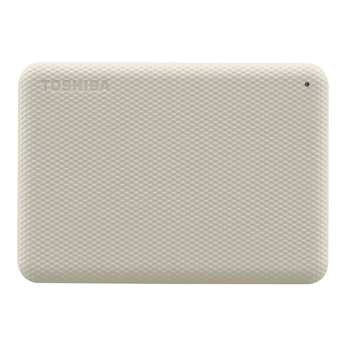Disque dur externe beige avec surface gaufrée, avec le mot TOSHIBA écrit dessus.