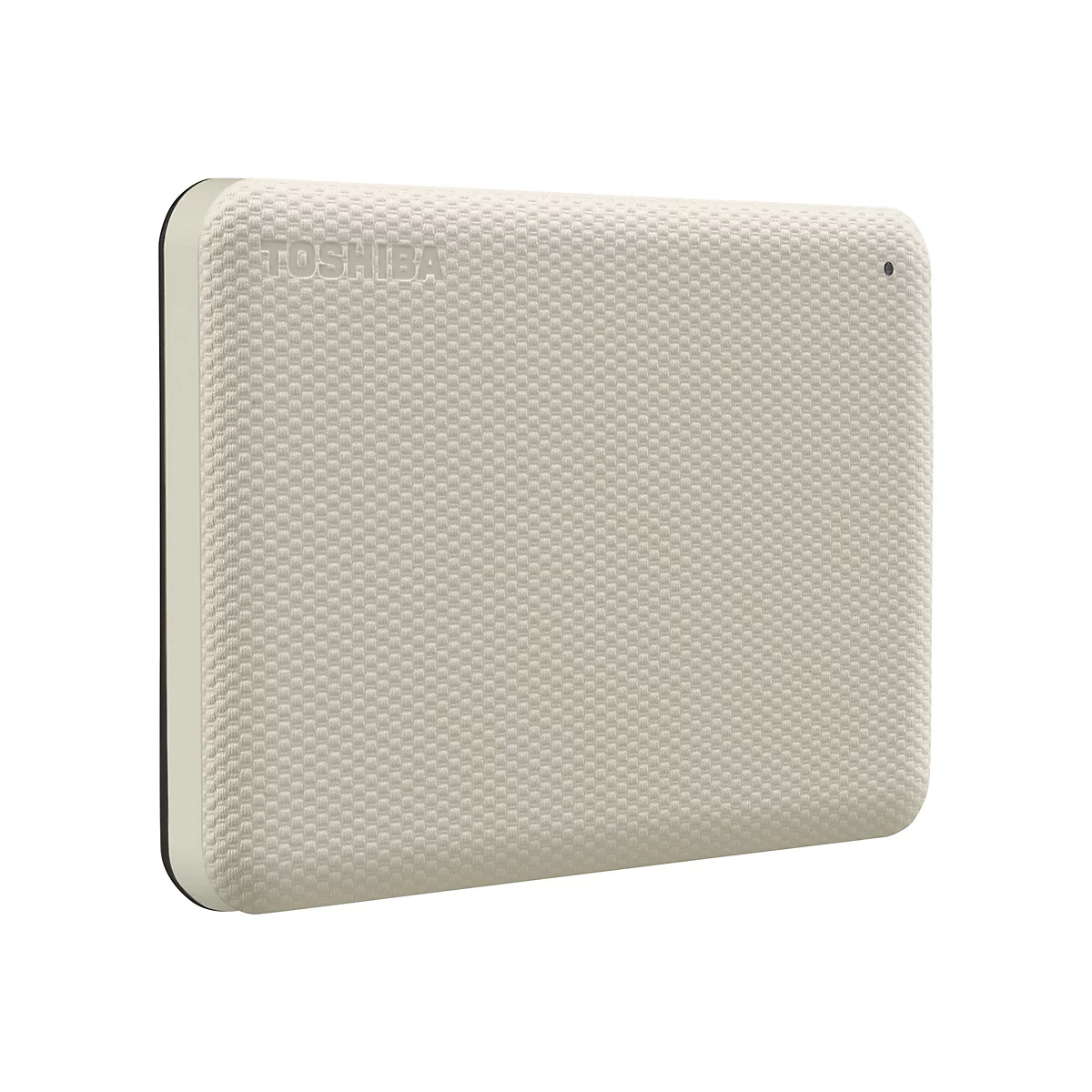 Disque dur externe beige clair avec surface gaufrée, lettrage TOSHIBA.