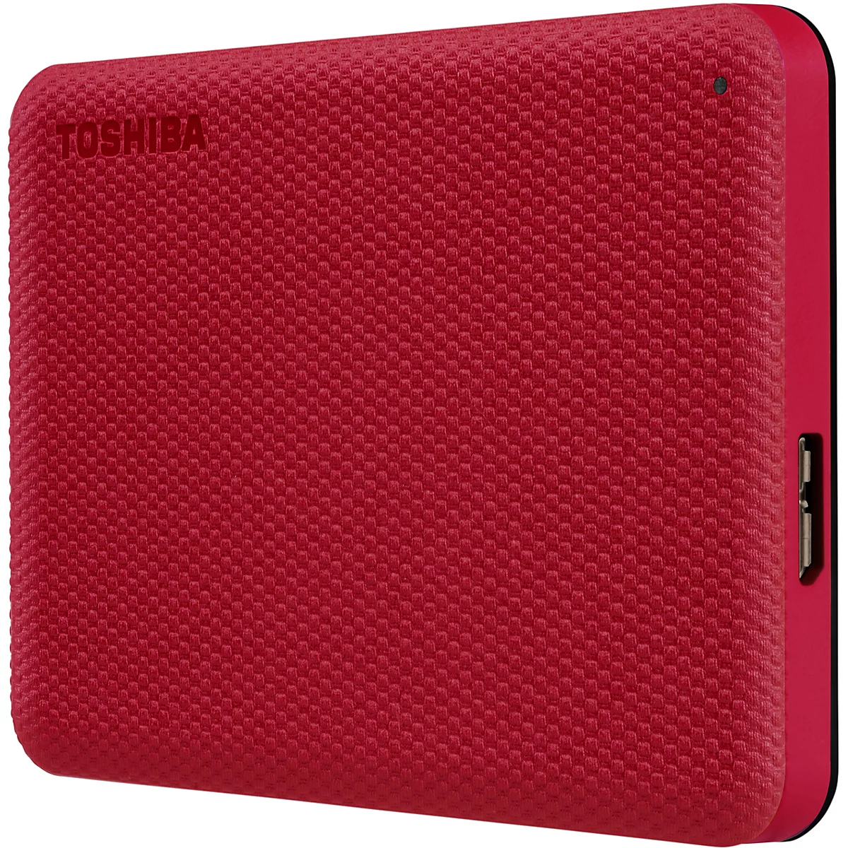 Disque dur externe rouge avec surface en relief. Lettrage TOSHIBA. Connexions latérales.
