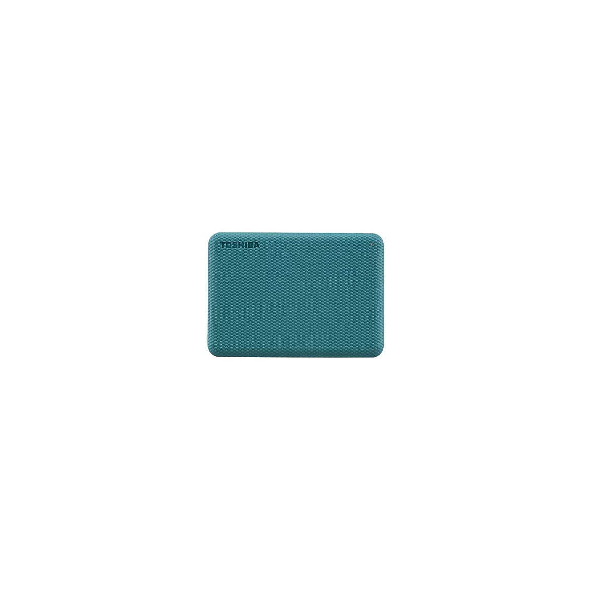 Disque dur externe turquoise. Le dessus a une texture pointillée. La marque TOSHIBA est visible en haut à gauche.
