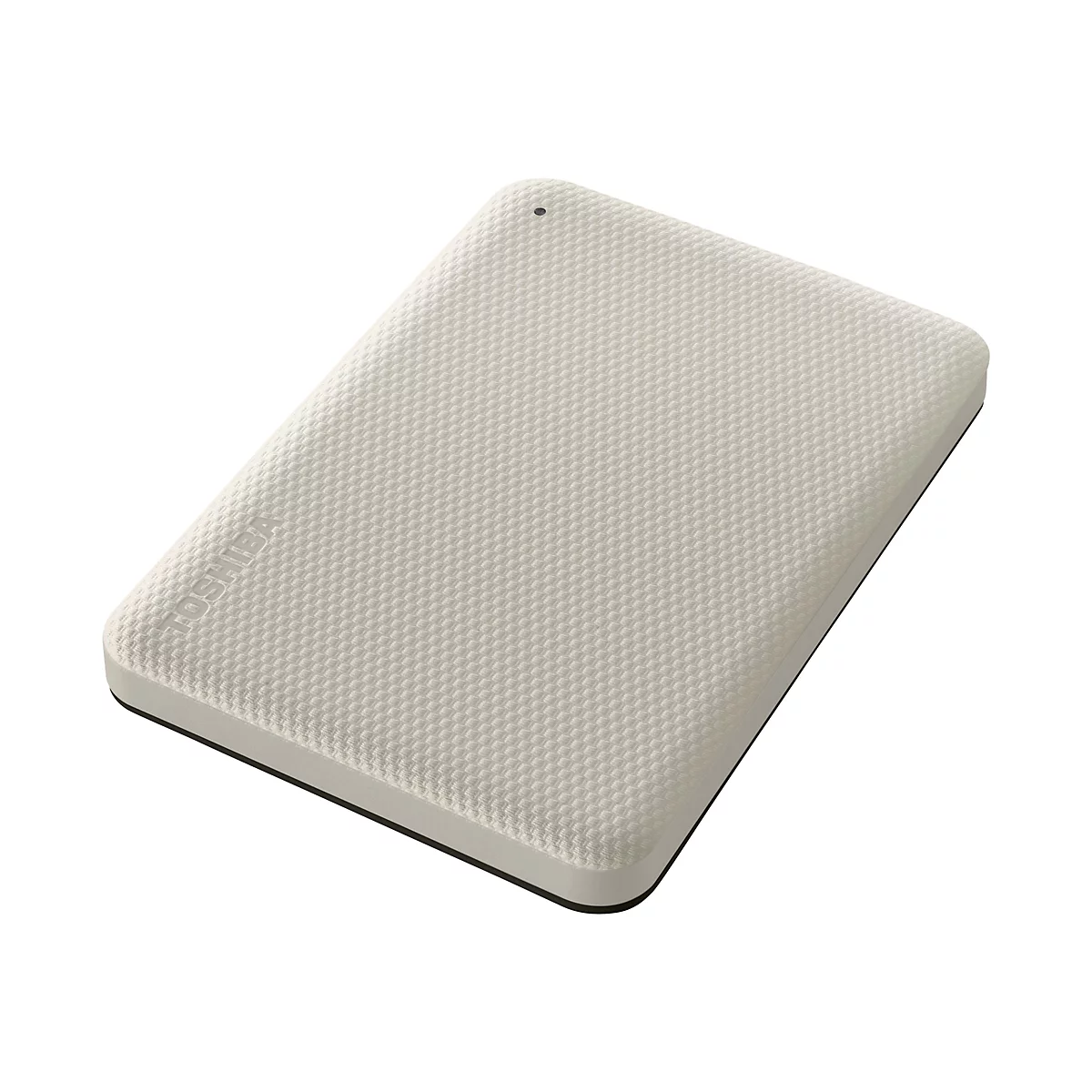 Disque dur externe beige clair. La surface est texturée avec un petit trou dans le coin supérieur.