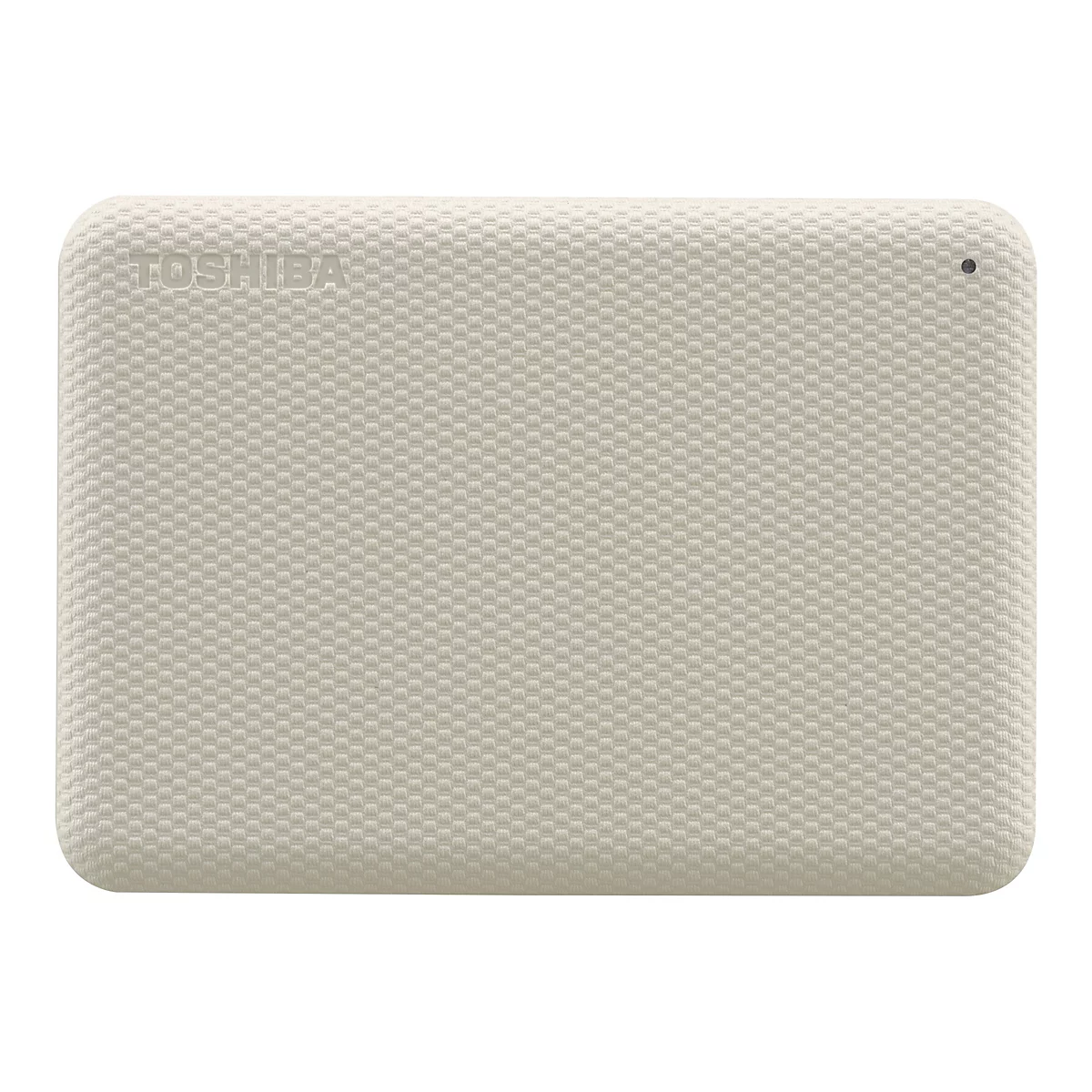 Disque dur externe beige avec surface en relief, lettrage TOSHIBA et voyant lumineux.
