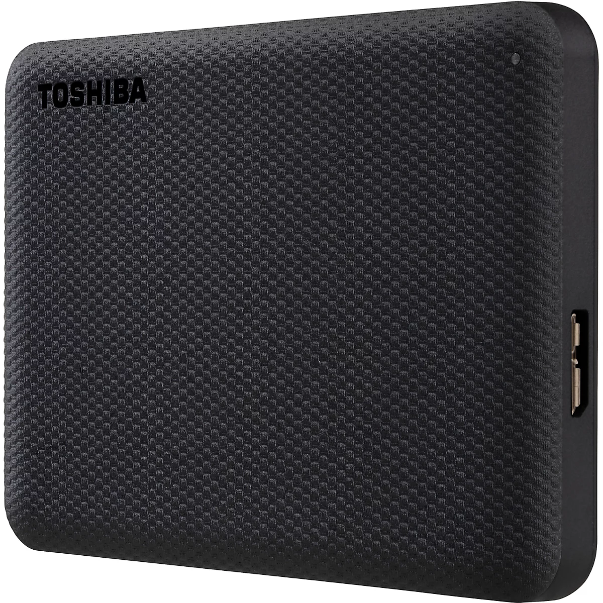 Disque dur externe noir avec logo Toshiba.