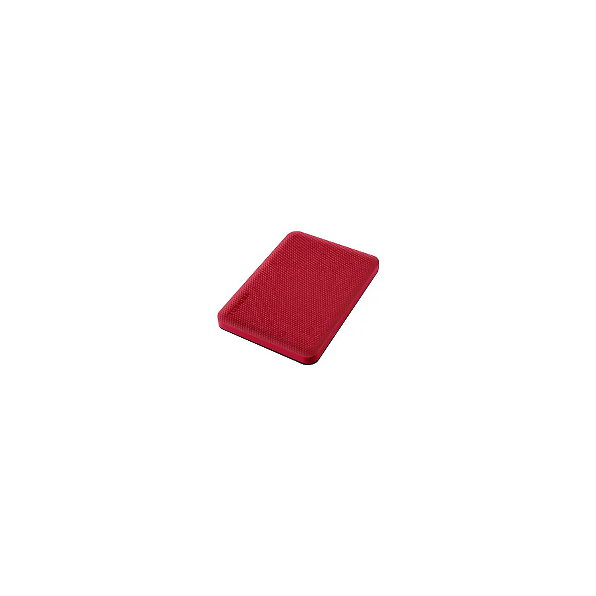 Disque dur externe rectangulaire rouge avec l'inscription "TOSHIBA". Le boîtier a une surface texturée. Cadre noir.