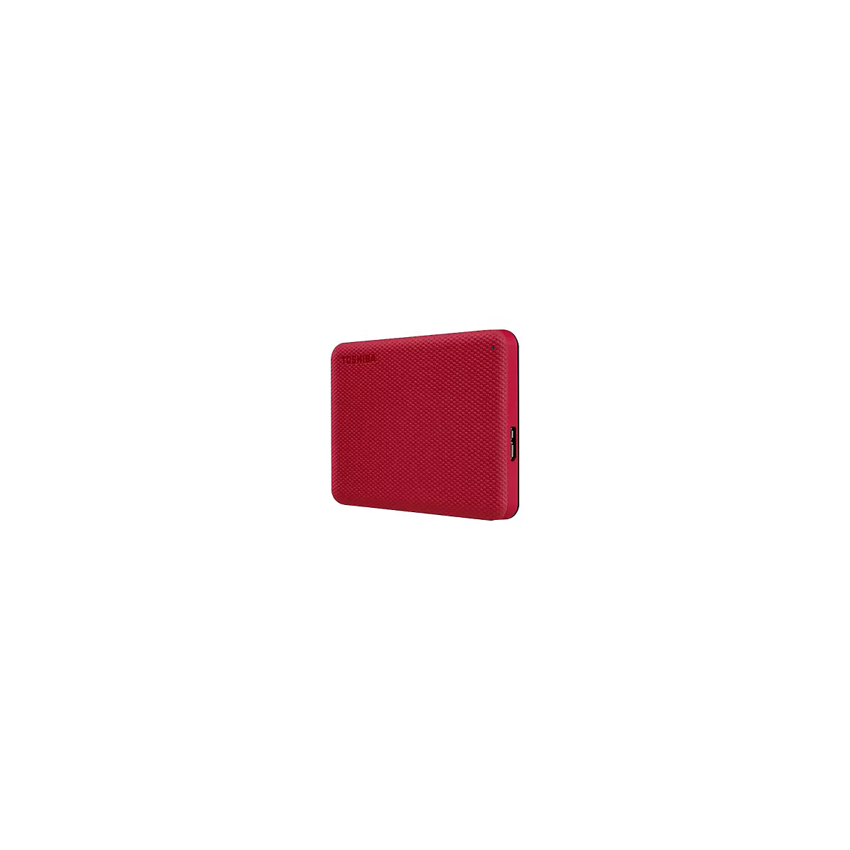 Disque dur externe rouge et carré avec le logo Toshiba. Surface texturée. Côtés noirs, port USB.