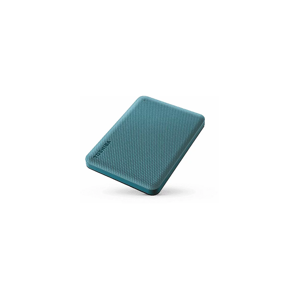 Disque dur externe turquoise avec logo TOSHIBA.