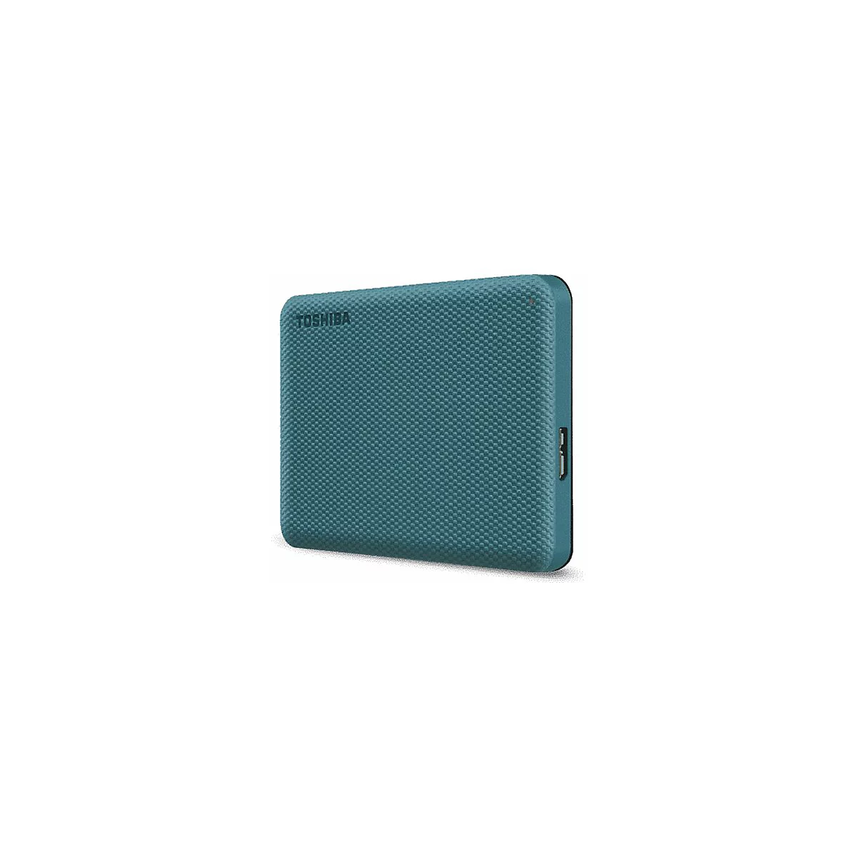 Disque dur externe turquoise avec texture et logo TOSHIBA. Port USB visible.