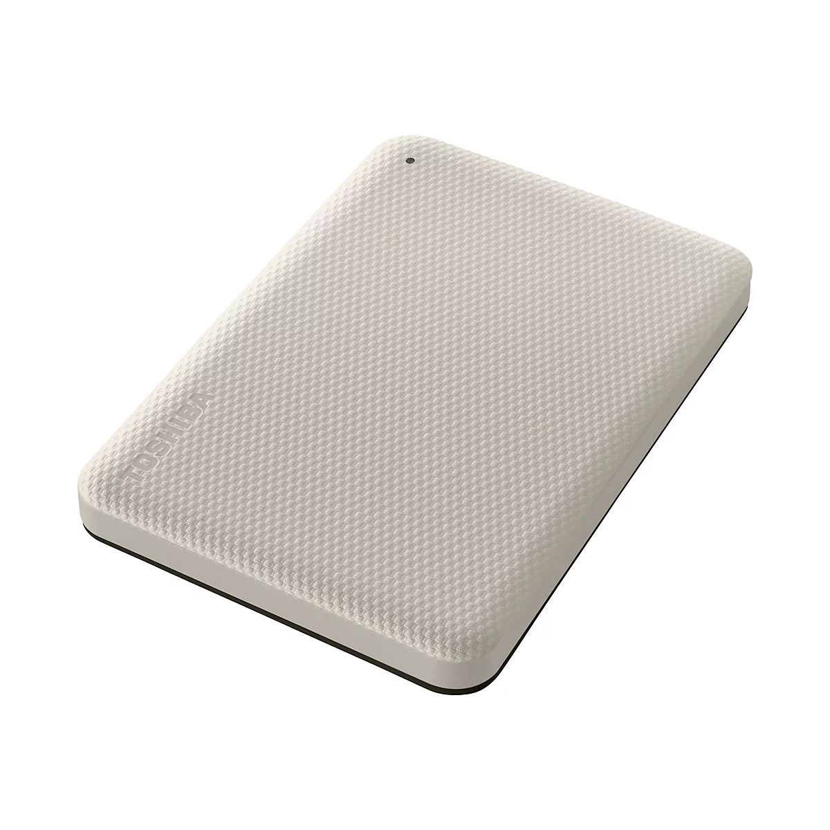 Disque dur externe beige clair. Le dessus présente un motif carré. Il y a un point noir en haut, en dessous il est écrit "TOSHIBA".