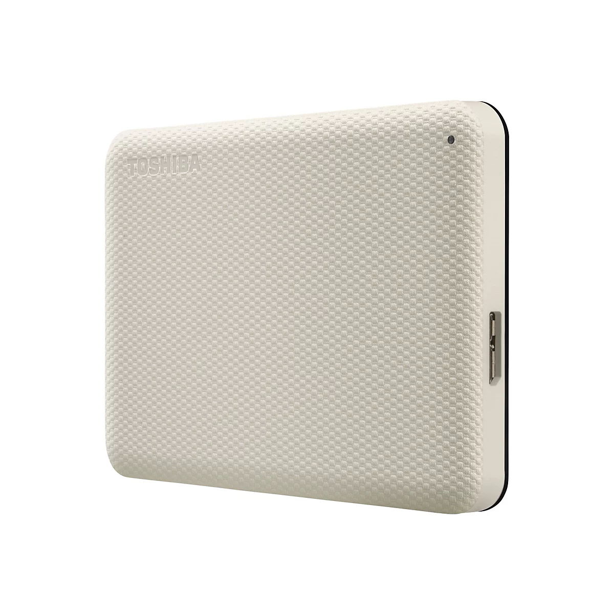 Un disque dur externe rectangulaire beige avec une surface gaufrée. La marque Toshiba est visible en haut à gauche.