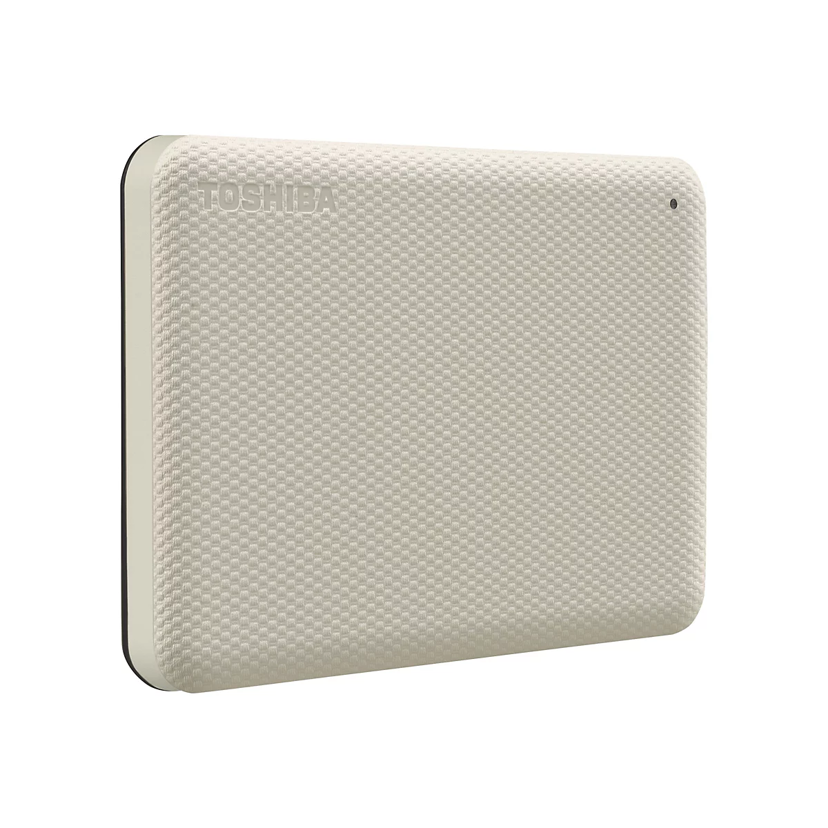 Disque dur externe beige avec l'inscription "TOSHIBA". Surface texturée, petit indicateur rond.