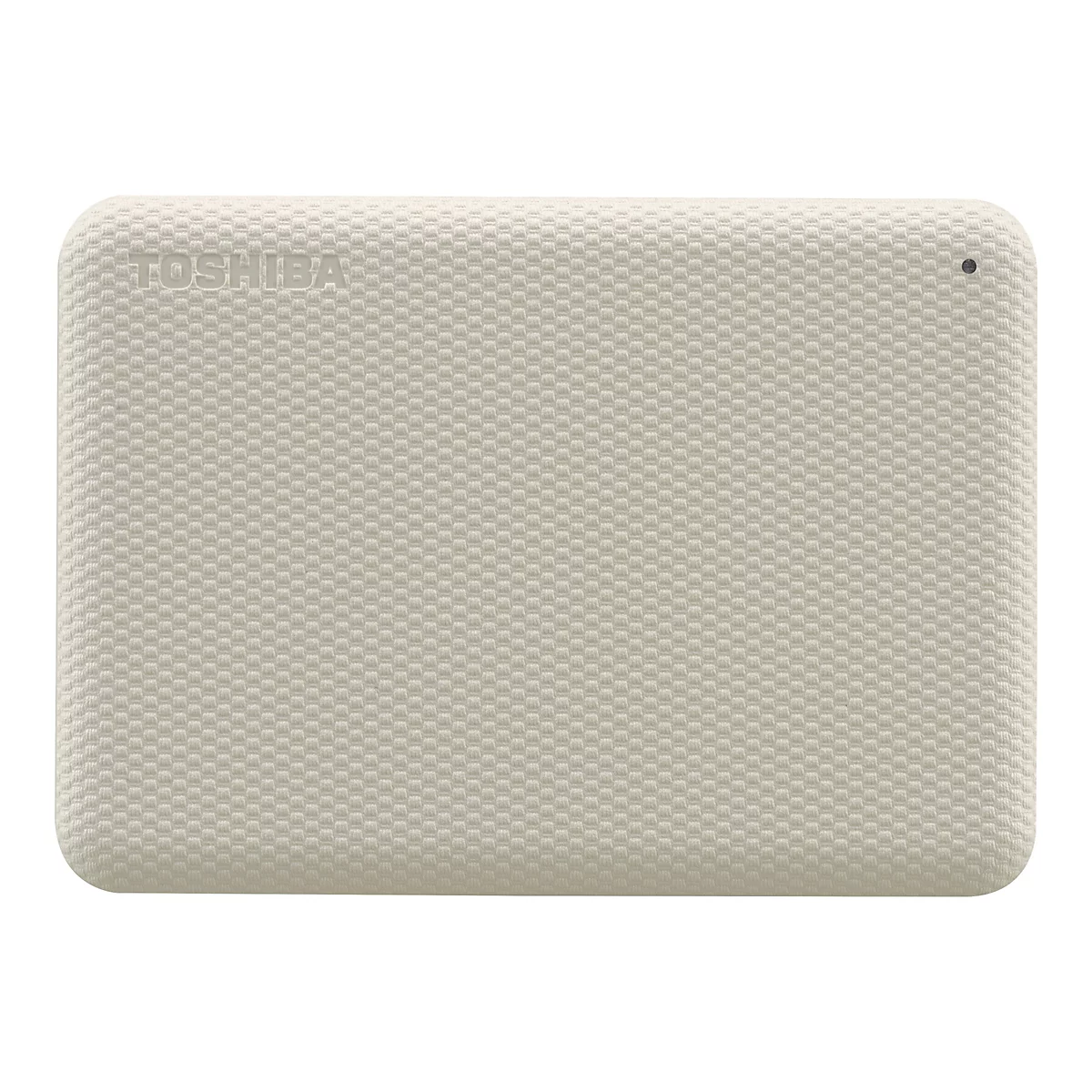 Disque dur externe gris clair avec une surface texturée et le lettrage "TOSHIBA".
