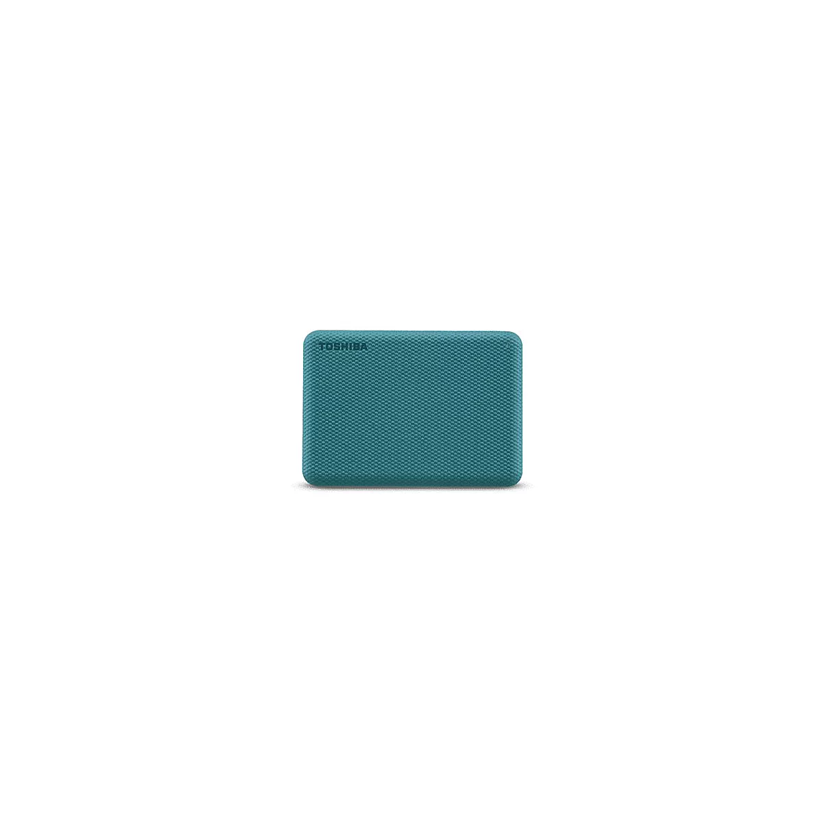 Disque dur externe turquoise avec logo TOSHIBA. Surface texturée.