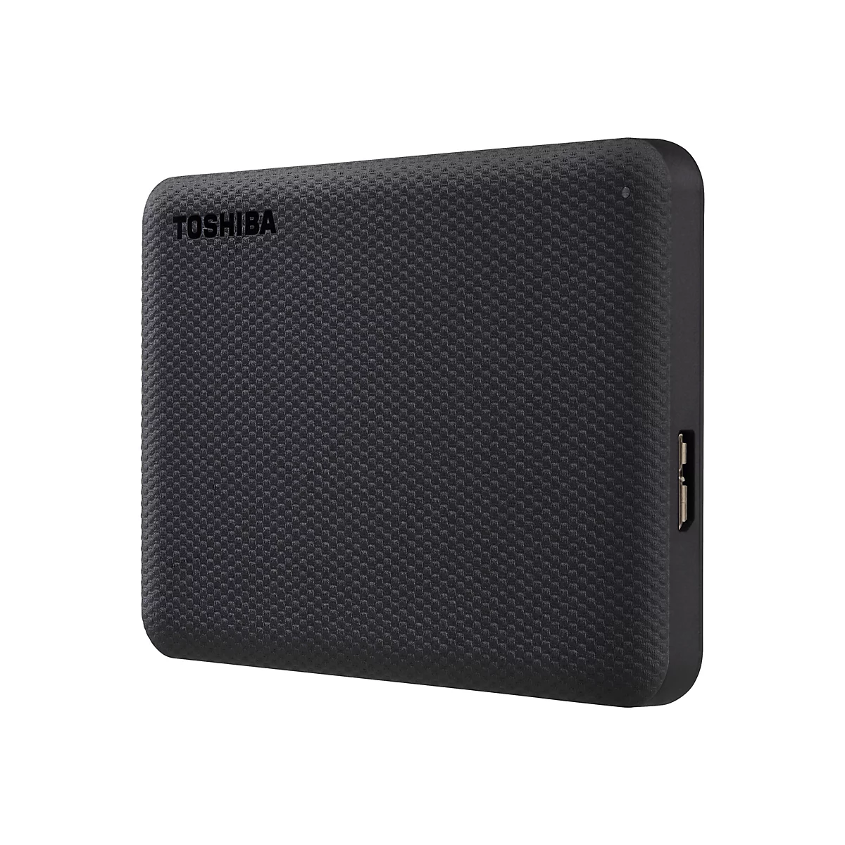 Disque dur externe noir avec une surface texturée et le logo TOSHIBA.