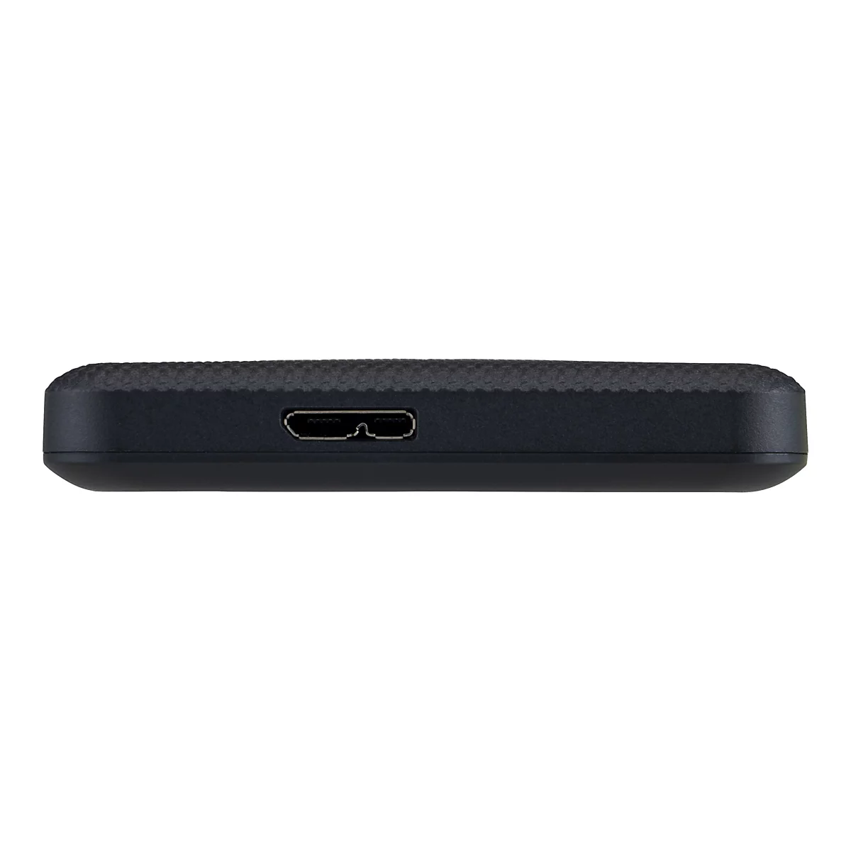 Gros plan d'un disque dur noir avec port USB-C, isolé sur fond blanc.