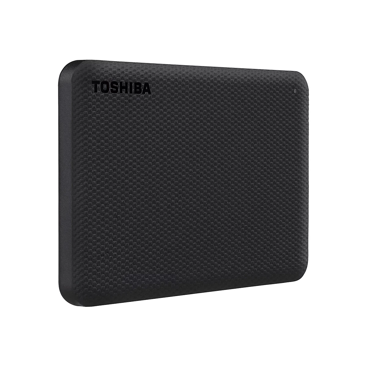 Schwarze externe Festplatte mit der Aufschrift TOSHIBA. Die Oberfläche hat ein geprägtes Muster.