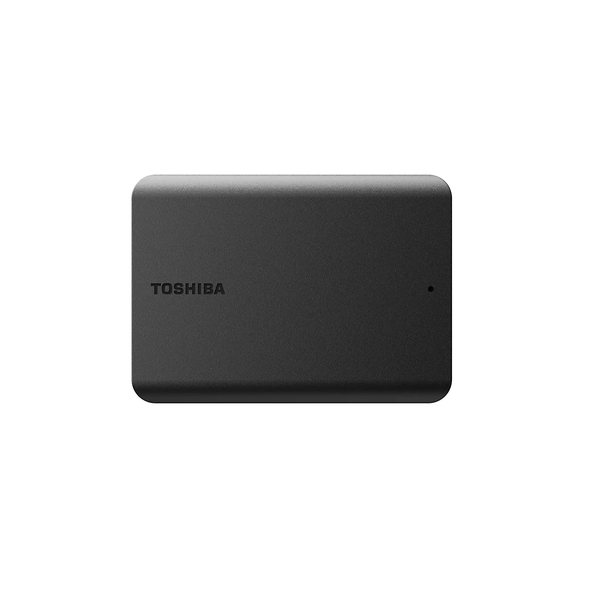 Disque dur externe gris foncé avec des coins arrondis. TOSHIBA est en haut, il y a un petit point à droite.