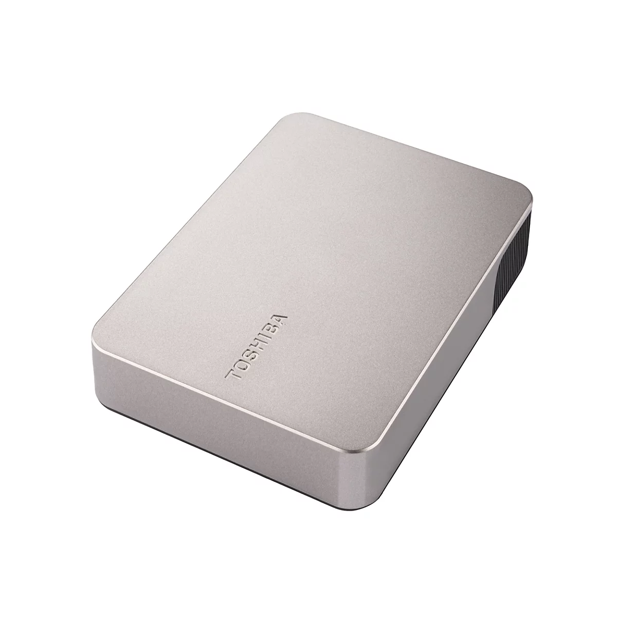 Silberne externe Festplatte mit TOSHIBA-Logo. Eckiges Design mit geriffelter Seite.