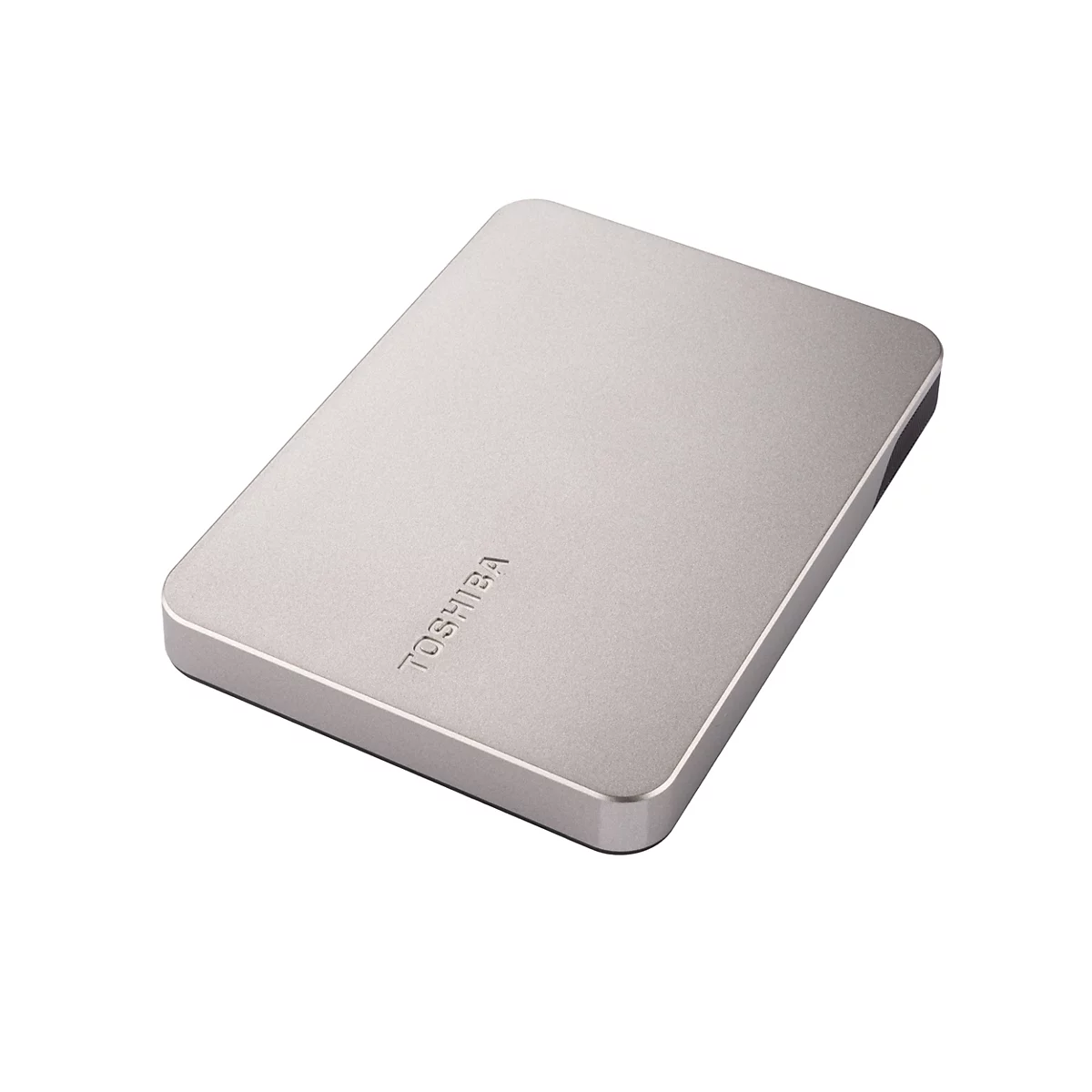 Disque dur externe argenté avec logo TOSHIBA.