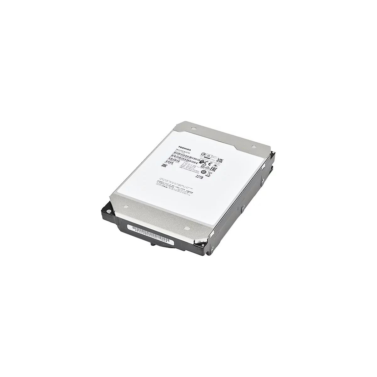 Un disque dur Toshiba. Gris-métallique, rectangulaire, avec autocollant et logo, sur fond blanc.