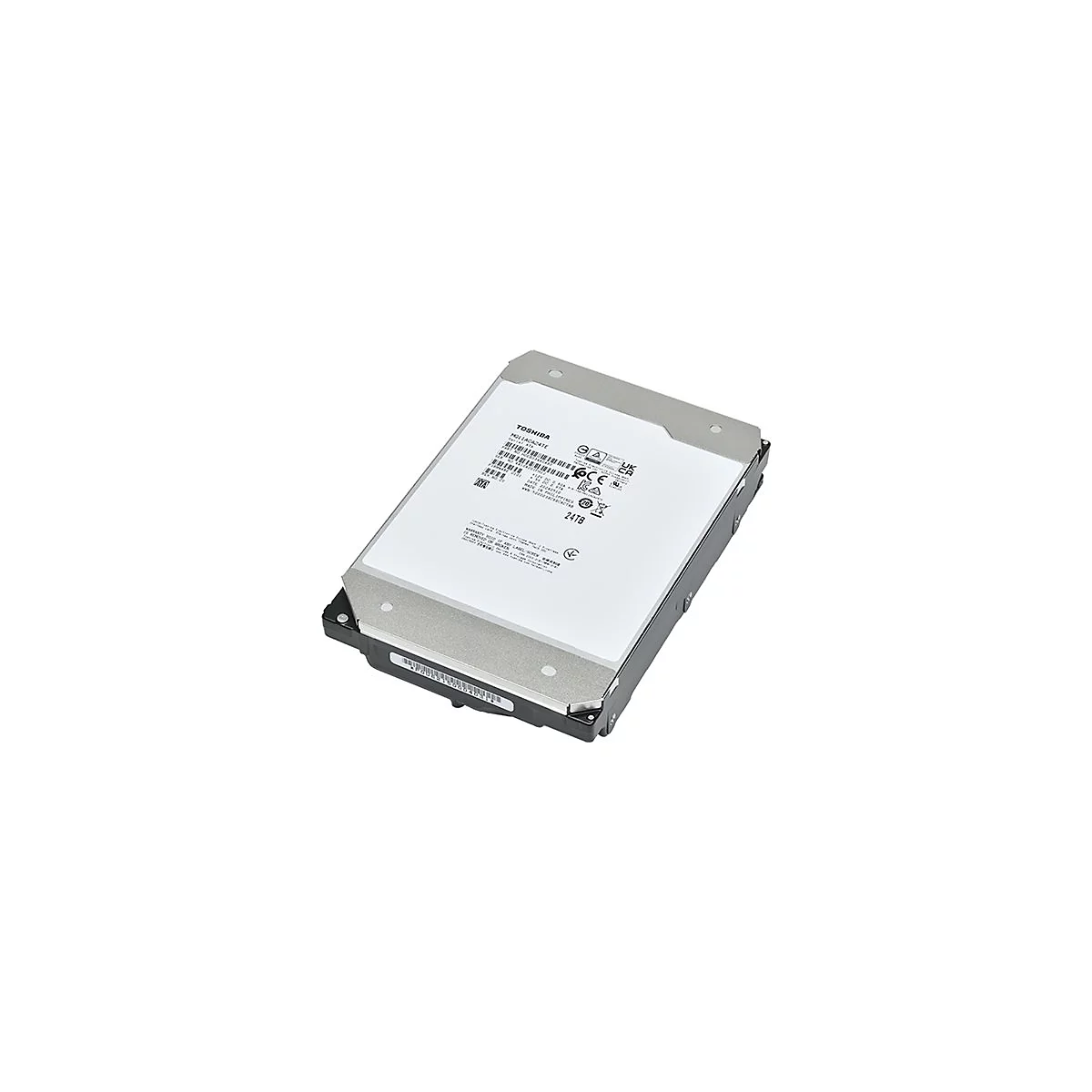 Festplatte von Toshiba, 24 TB. Graue Metalloberfläche, weisses Label mit Text.