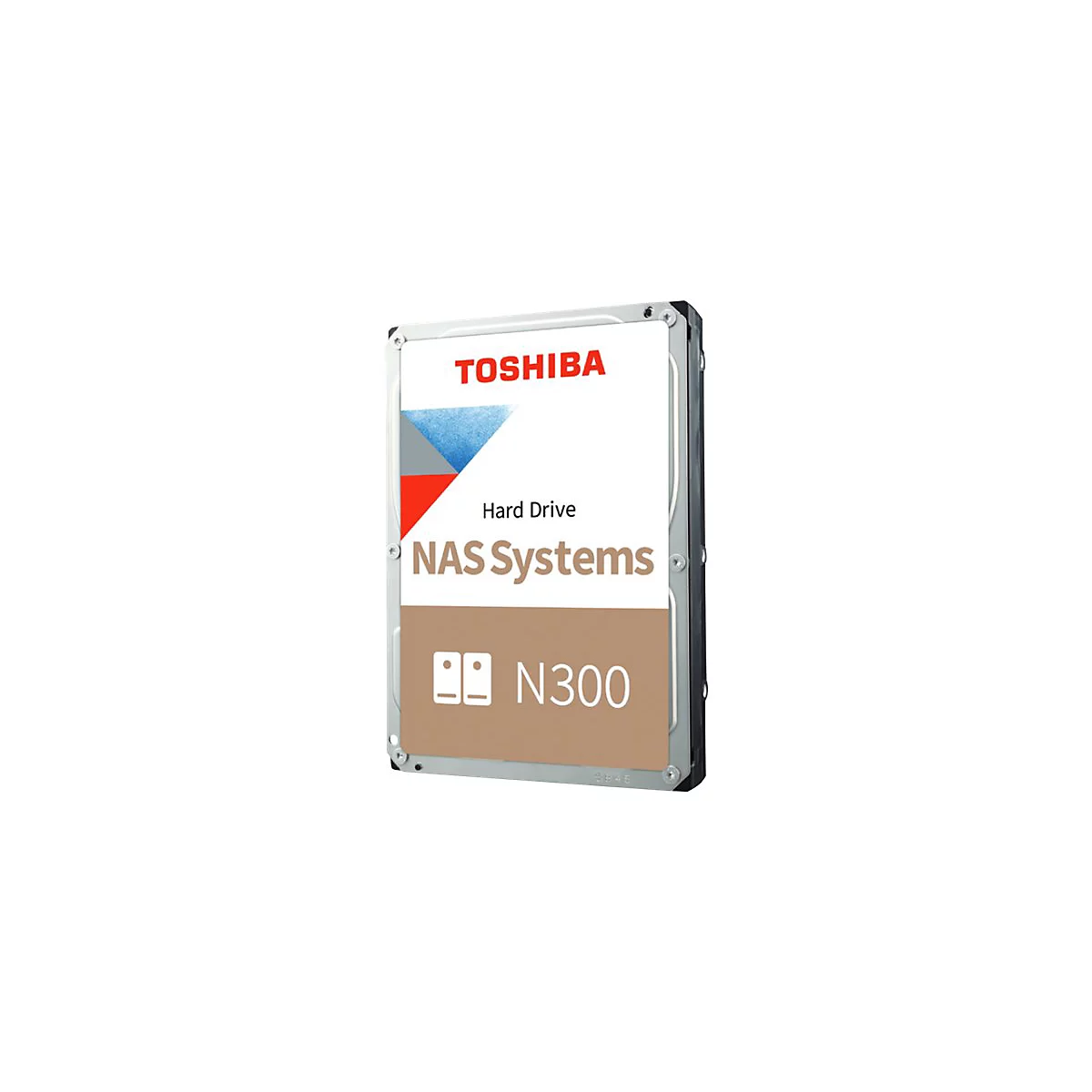 Eine Festplatte von Toshiba mit Logo, Schriftzug "Hard Drive" und "NAS Systems", Modell N300.