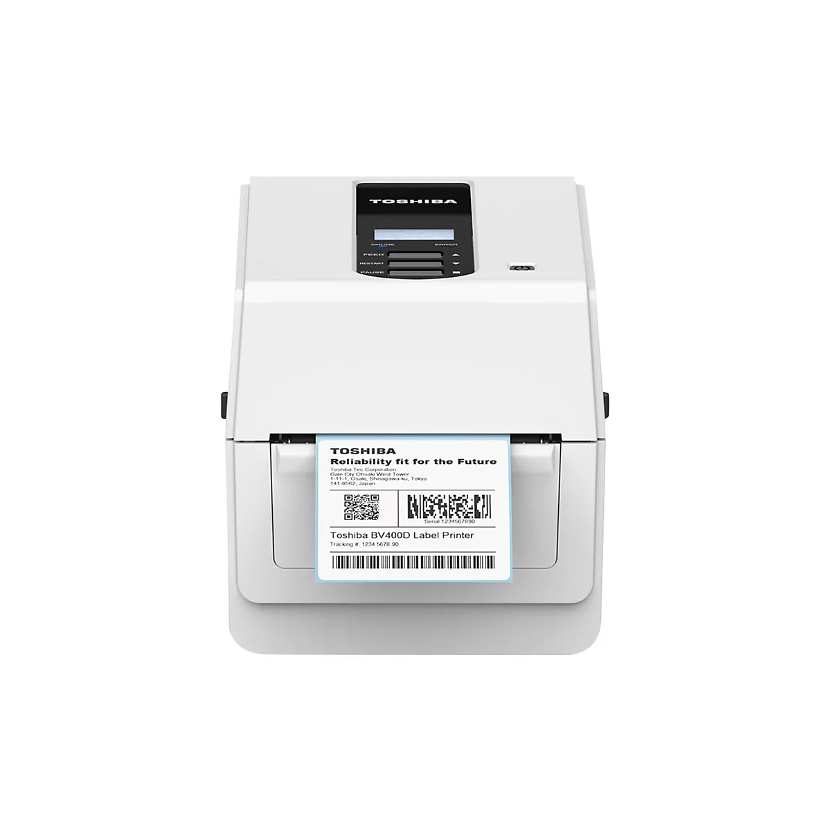 Ein weiÃŸer Toshiba-Etikettendrucker, der ein Etikett mit QR-Code und Barcode druckt. Oben befindet sich ein Bedienfeld.