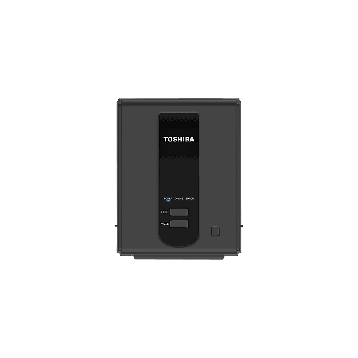 Dunkelgraues Toshiba-GerÃ¤t mit Text: Toshiba, Power, Online, Error, Feed, Pause.