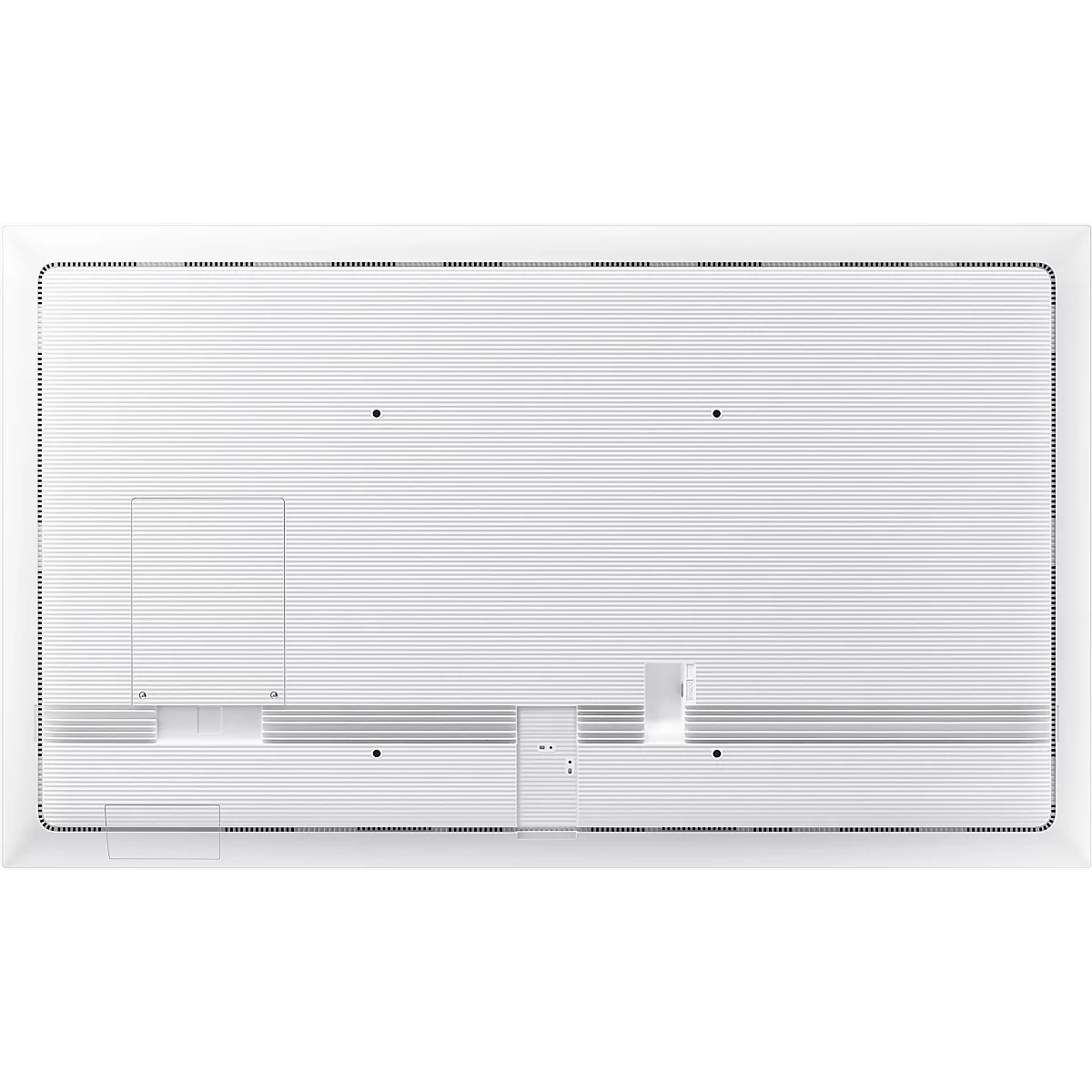 Back of a white TV. There are holes in the middle for wall mounting. The top and bottom frames have stripes.
