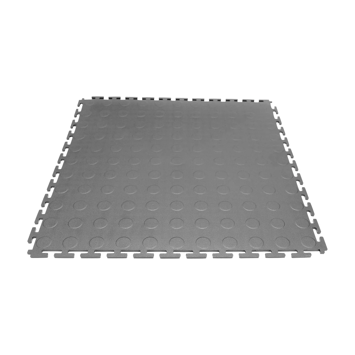 Gray square floor tile with connecting elements on the edges, covered with small, round indentations.
