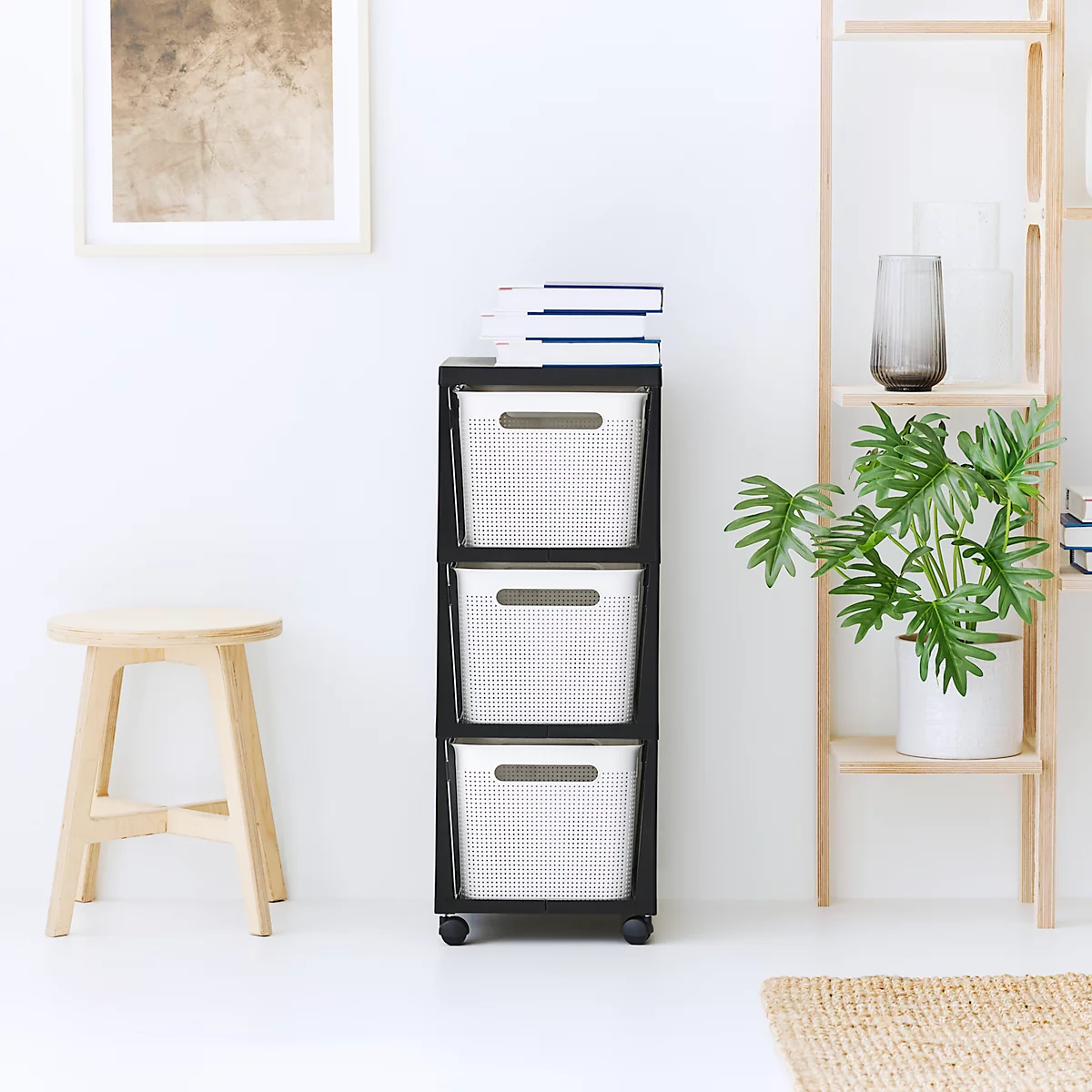 Tour de rangement BRISEN, avec roulettes, 3 x 16 litres, jusqu'à 30 kg, tiroirs amovibles des deux côtés, plastique recyclé, sans BPA, L 300 x l 366 x H 770 mm, blanc