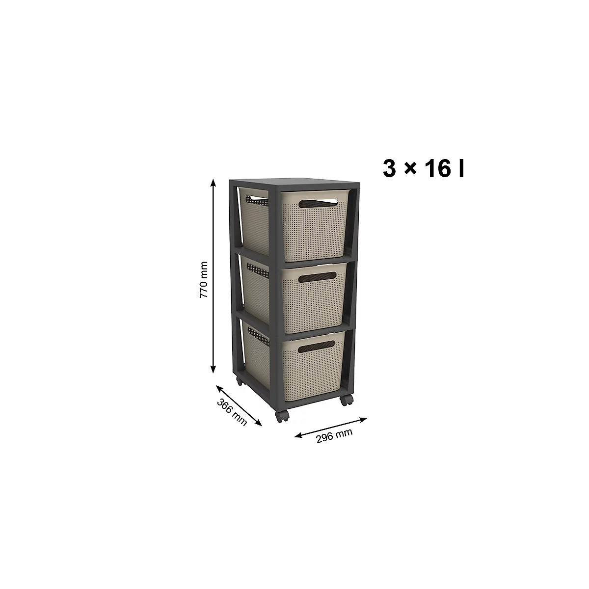 Tour de rangement BRISEN, avec roulettes, 3 x 16 litres, jusqu'à 30 kg, tiroirs amovibles des deux côtés, plastique recyclé, sans BPA, L 300 x l 366 x H 770 mm, cappuccino
