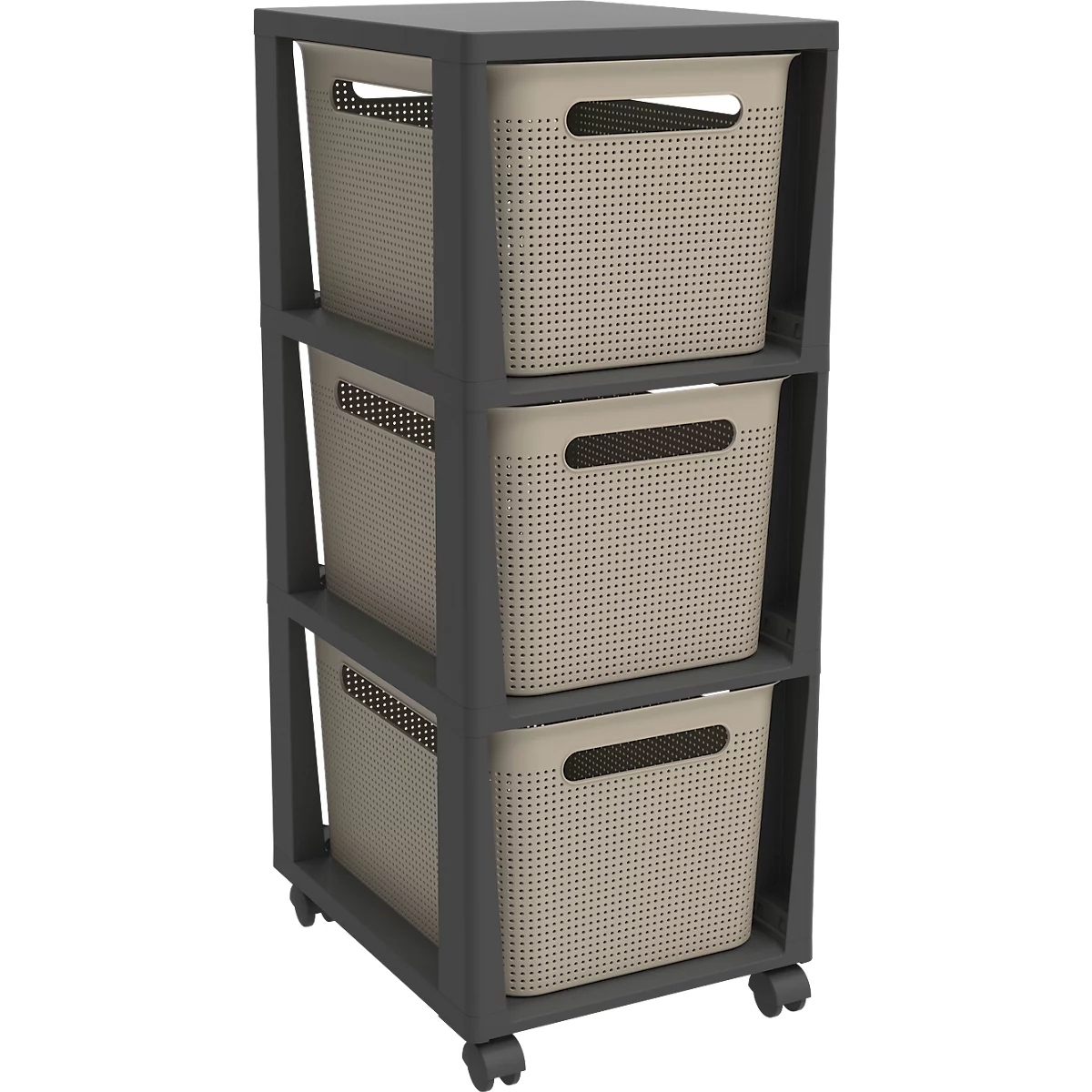 Tour de rangement BRISEN, avec roulettes, 3 x 16 litres, jusqu'à 30 kg, tiroirs amovibles des deux côtés, plastique recyclé, sans BPA, L 300 x l 366 x H 770 mm, cappuccino