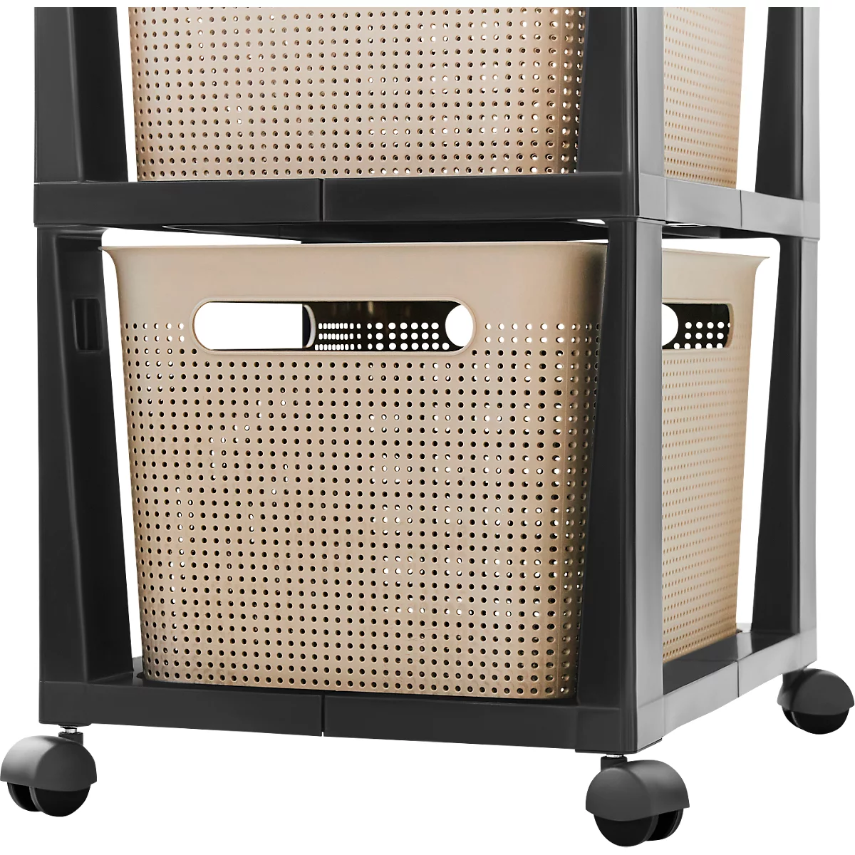 Tour de rangement BRISEN, avec roulettes, 3 x 16 litres, jusqu'à 30 kg, tiroirs amovibles des deux côtés, plastique recyclé, sans BPA, L 300 x l 366 x H 770 mm, cappuccino