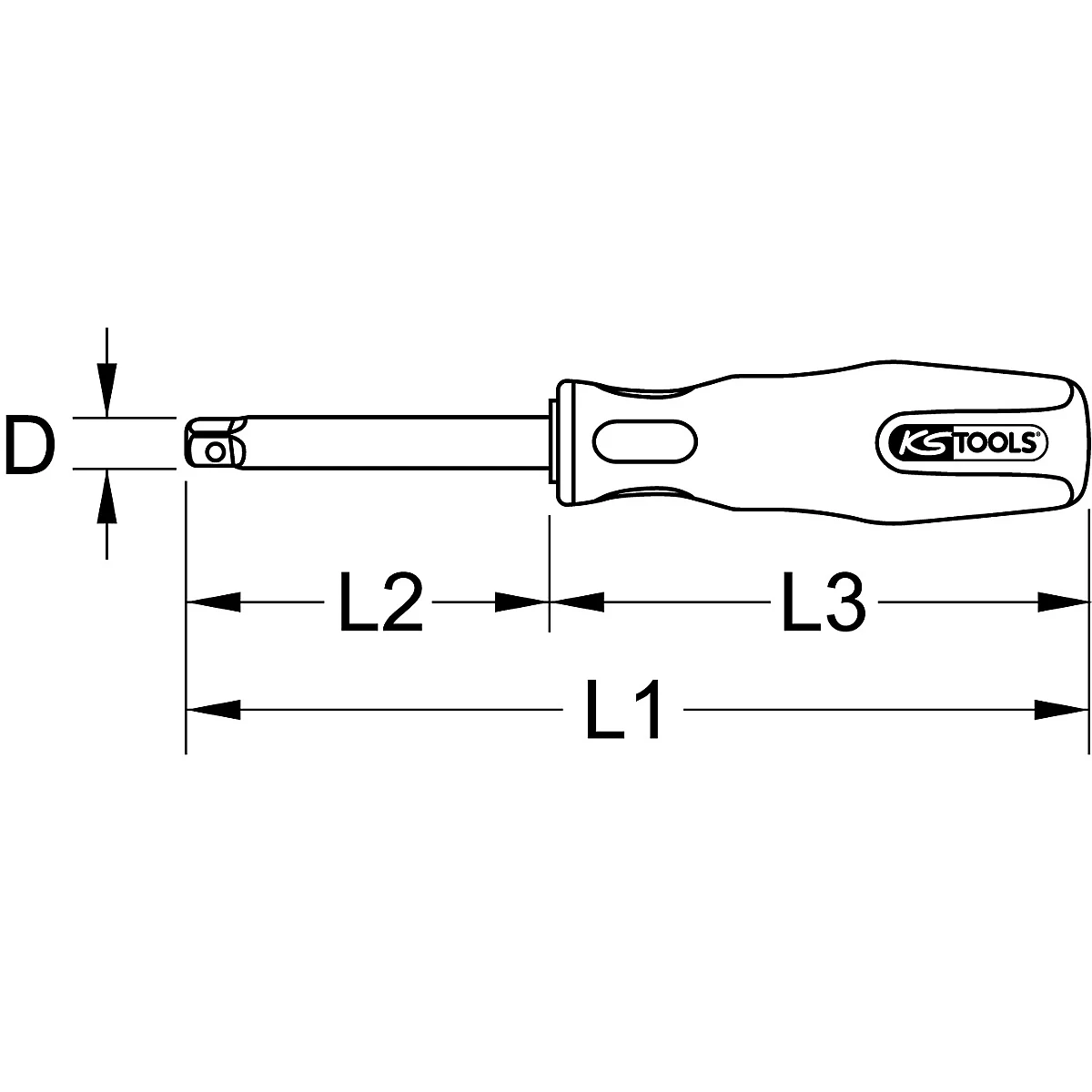 Tournevis avec dimensions: D, L1, L2 et L3. La poignée est grise et porte l'inscription "KS TOOLS".