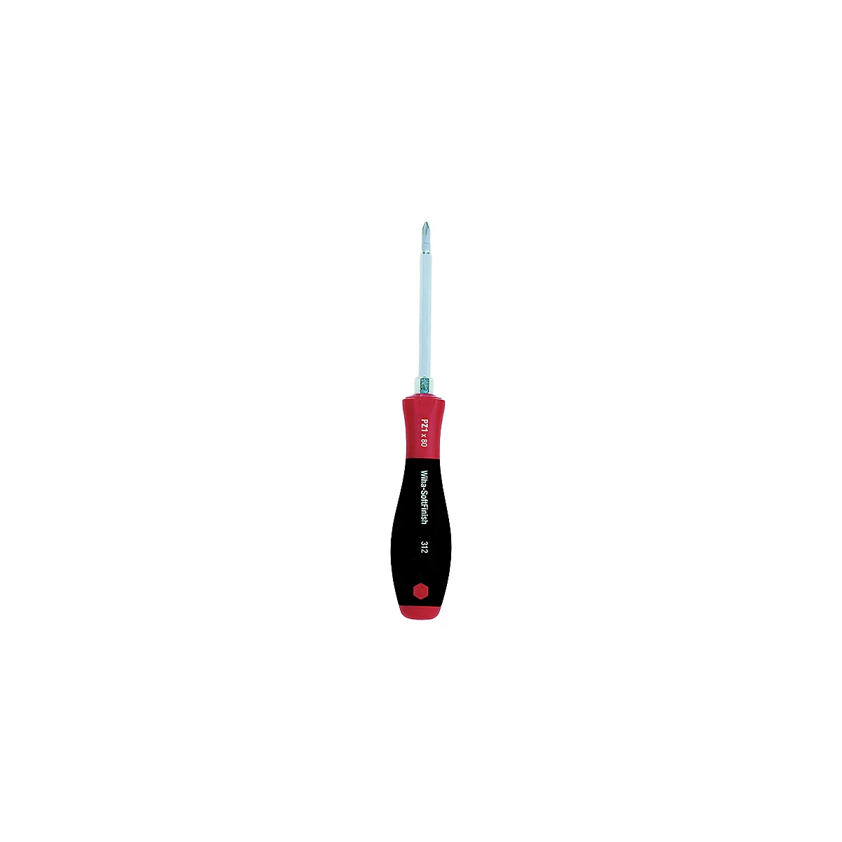 Un tournevis avec un manche rouge et une pointe argentée. La poignée indique "PZ1x60" et "Wiha-SoftFinish 312".