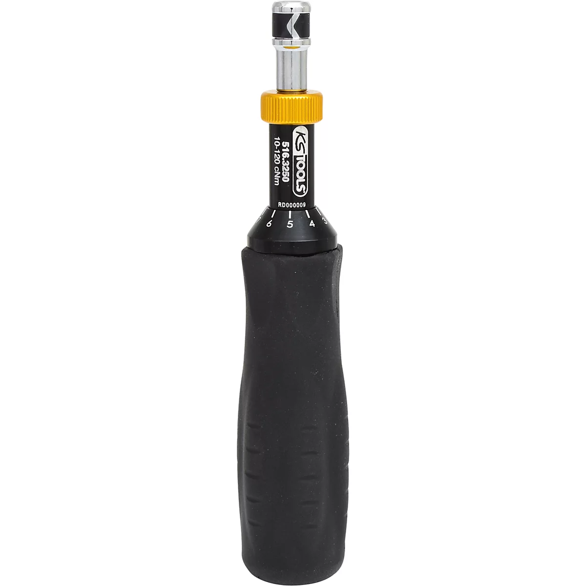 Clé dynamométrique avec poignée noire, collerette jaune et pointe argentée, logo KS TOOLS.