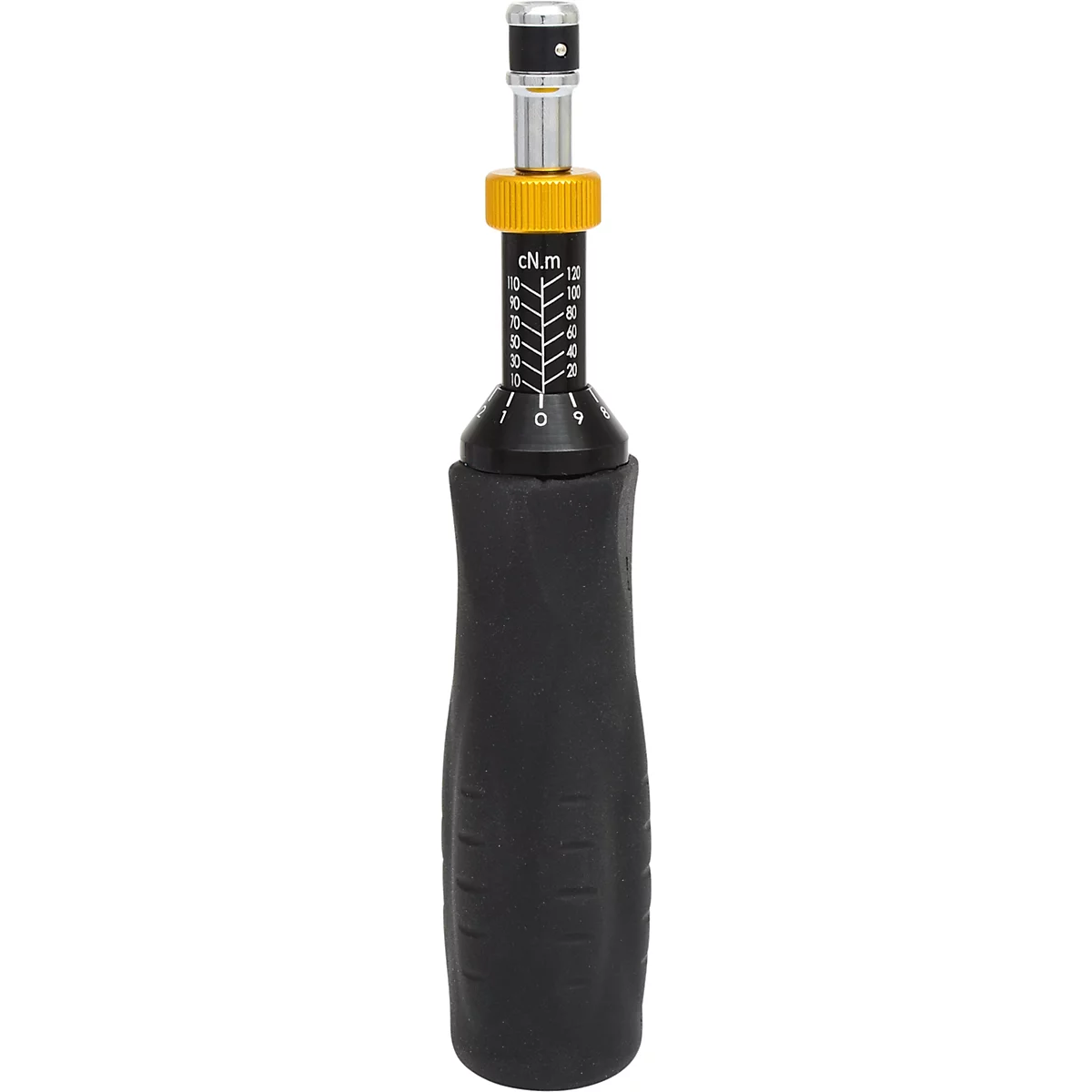 Clé dynamométrique. Design noir et jaune. L'échelle indique les unités cN.m.