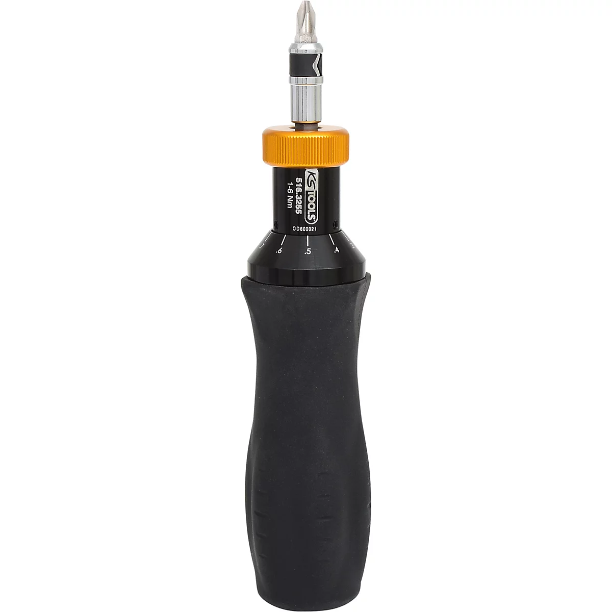Tournevis avec manche noir et partie rotative dorée. Inscription : KS TOOLS 616.3385 1,4 Nm.