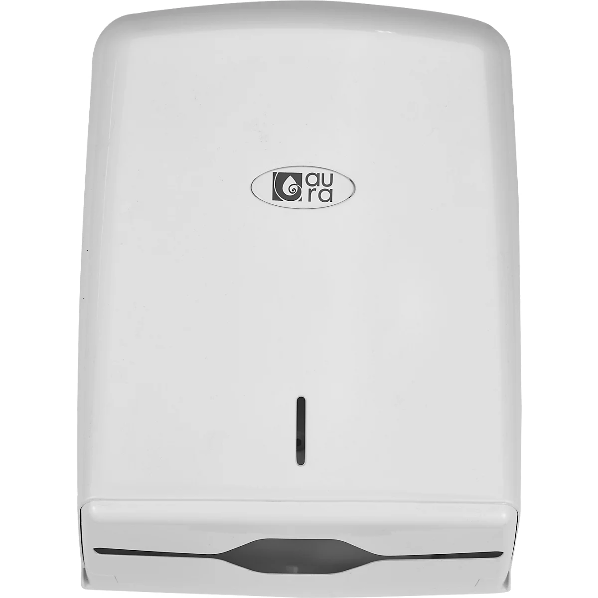 White paper towel dispenser with the "aura" logo.