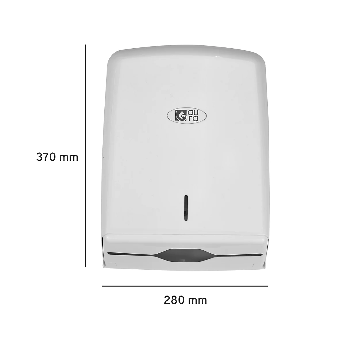 White paper towel dispenser with dimensions. Has 'aura' written on it.
