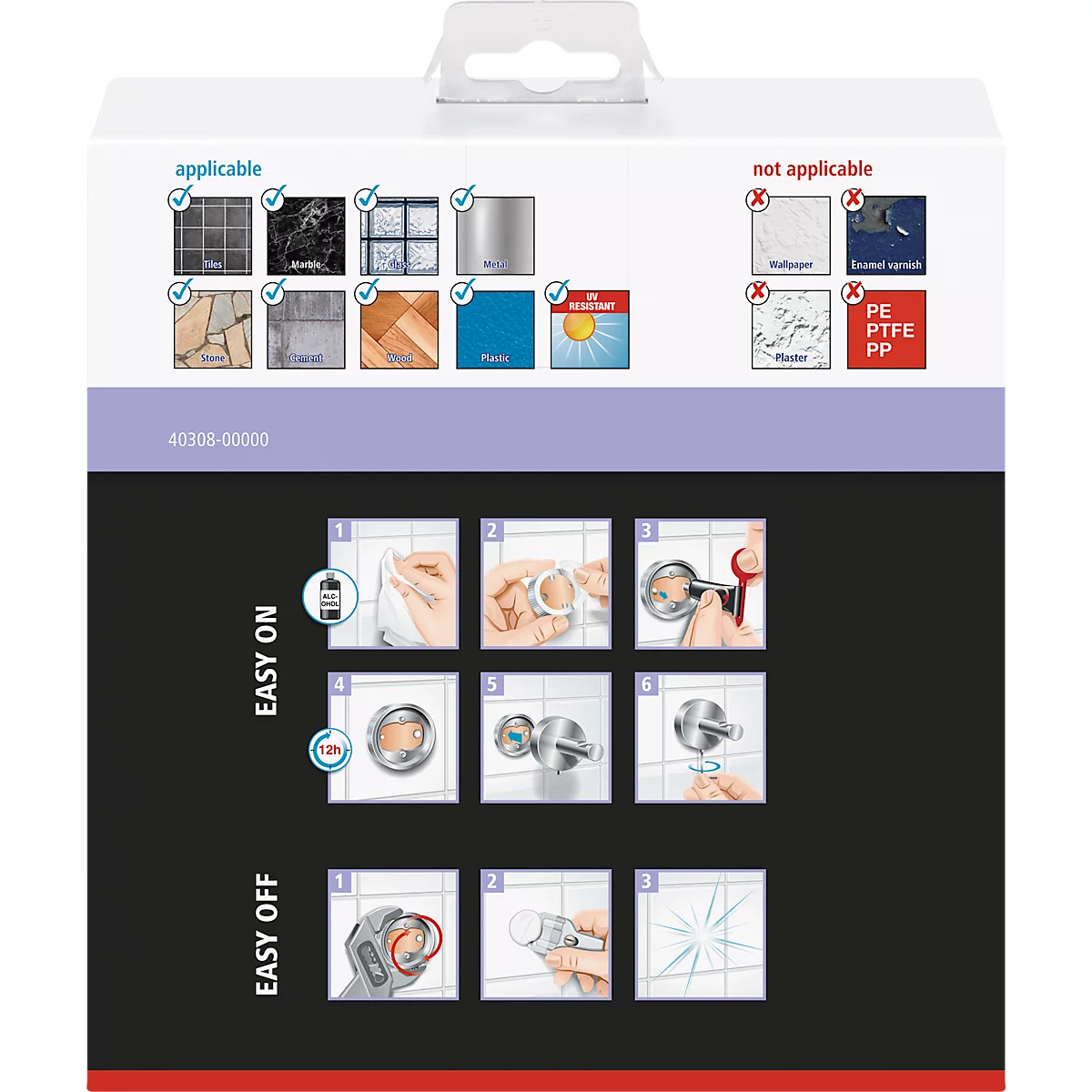 Packaging with instructions for an adhesive hook, diagram showing installation and removal. 'Applicable' and 'Not applicable' symbols.