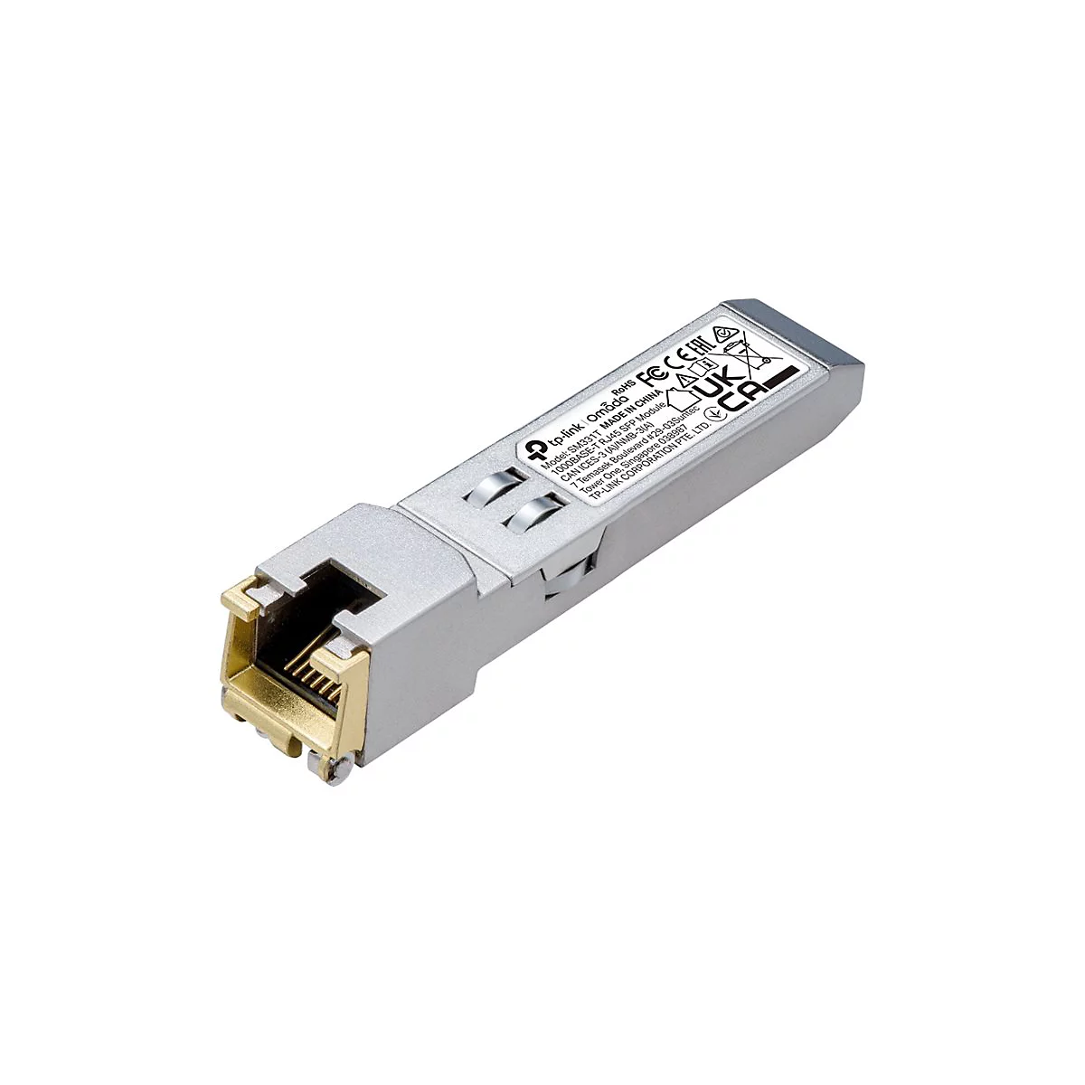 Ein silbernes Netzwerkmodul, Detailansicht. Der vordere Teil hat einen goldenen Anschluss. Beschriftung: 'tp-link Omad RoHS'.