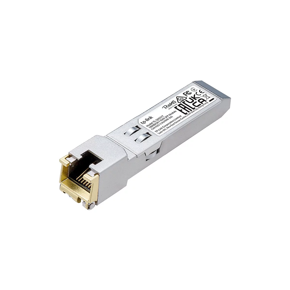 Ein silberfarbenes TP-Link SFP-Modul mit RJ45-Anschluss, beschriftet mit technischen Daten.