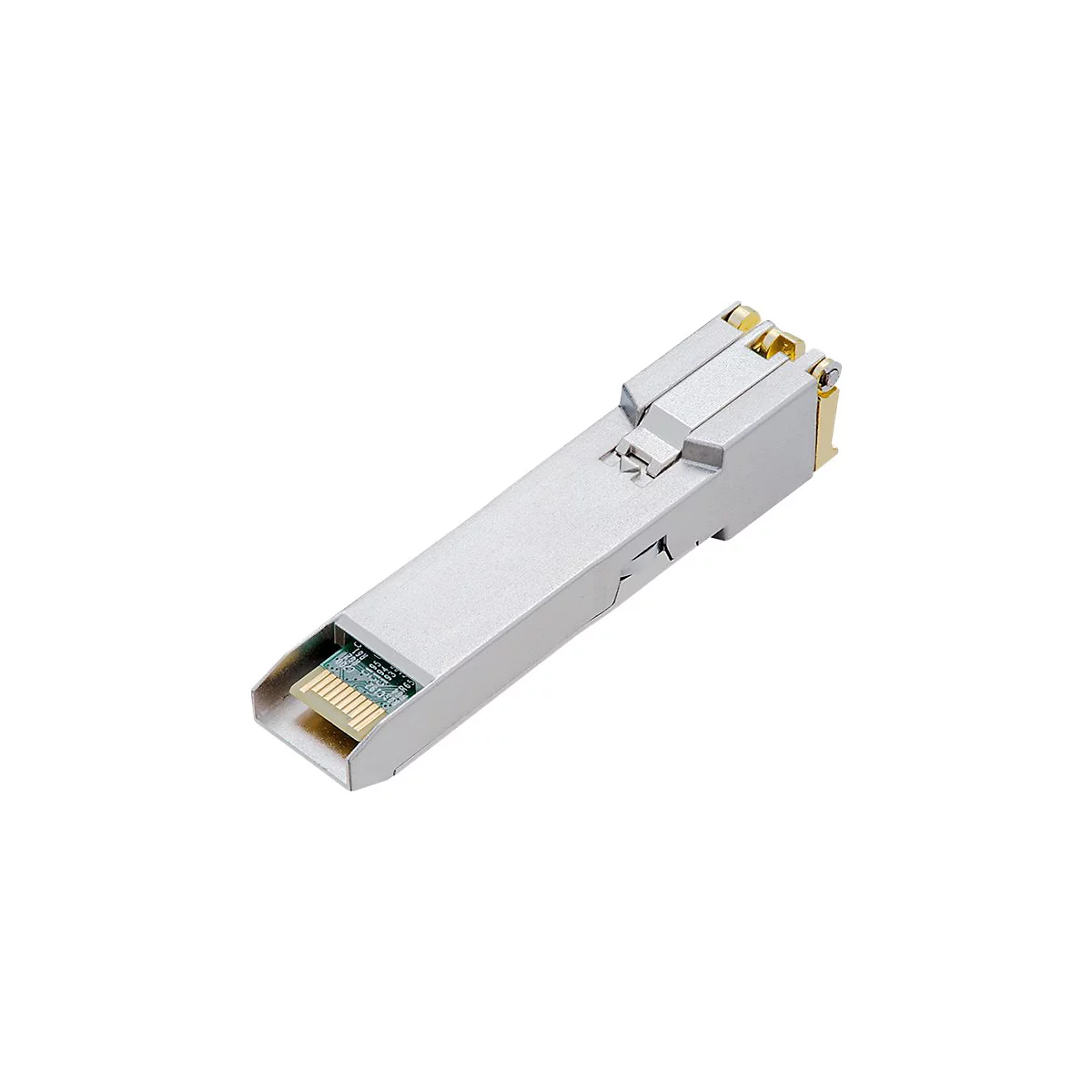 Silberfarbenes elektronisches Gerät mit Leiterplatte. Das Gerät hat goldene und silberne Akzente.