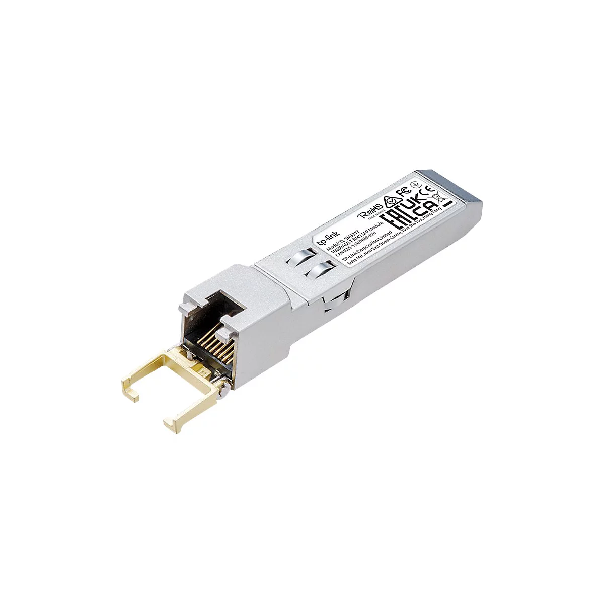 Ein silbernes Netzwerkmodul von tp-link mit Goldfarbenen Elementen und Aufschriften.
