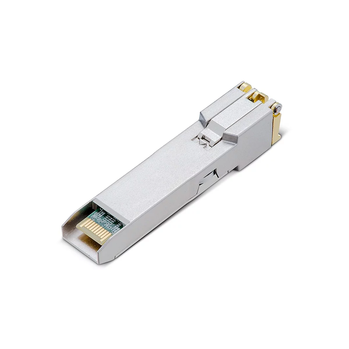 Ein graues, längliches elektronisches Bauteil mit goldenen und grünen Elementen. Es liegt diagonal auf weißem Grund.