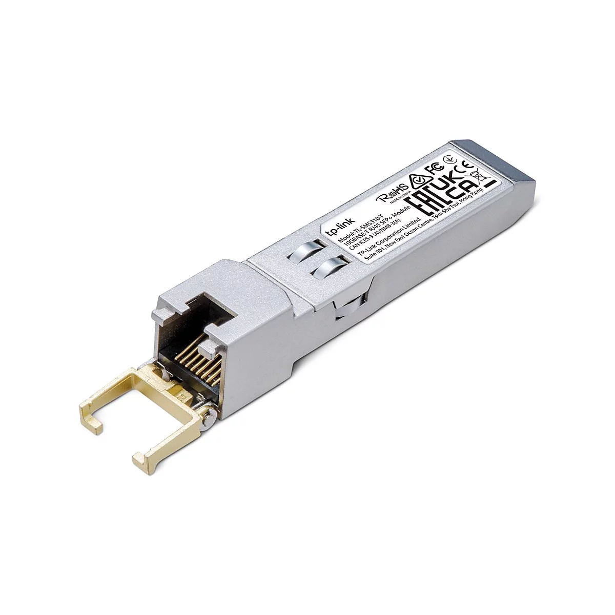 Ein silberner TP-Link SFP+ Modul-Stecker mit RJ45-Anschluss, Detailansicht.