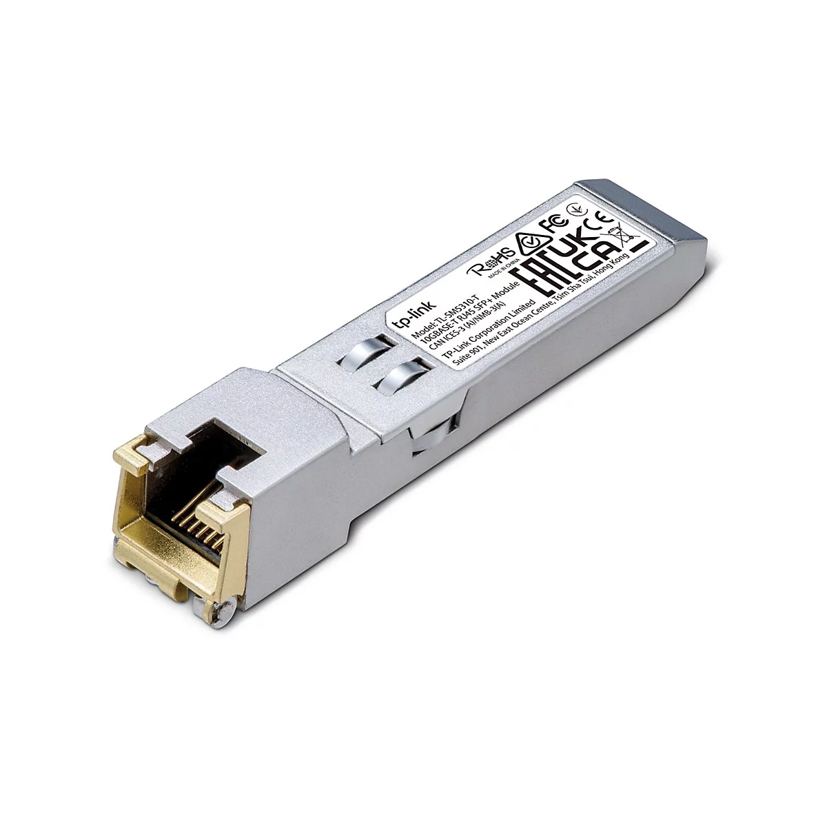 Ein silberner TP-Link SFP+ Modul-Stecker mit goldener RJ45-Buchse. Aufschrift: TP-Link, Model TL-SM5310-T.